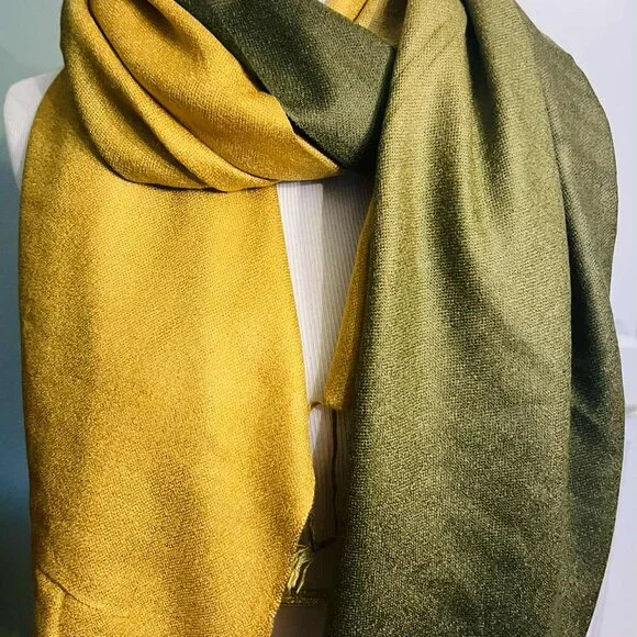Silk & Pashmina Scarf – Golden Olive Elegance- NWT - Picture 8 of 14